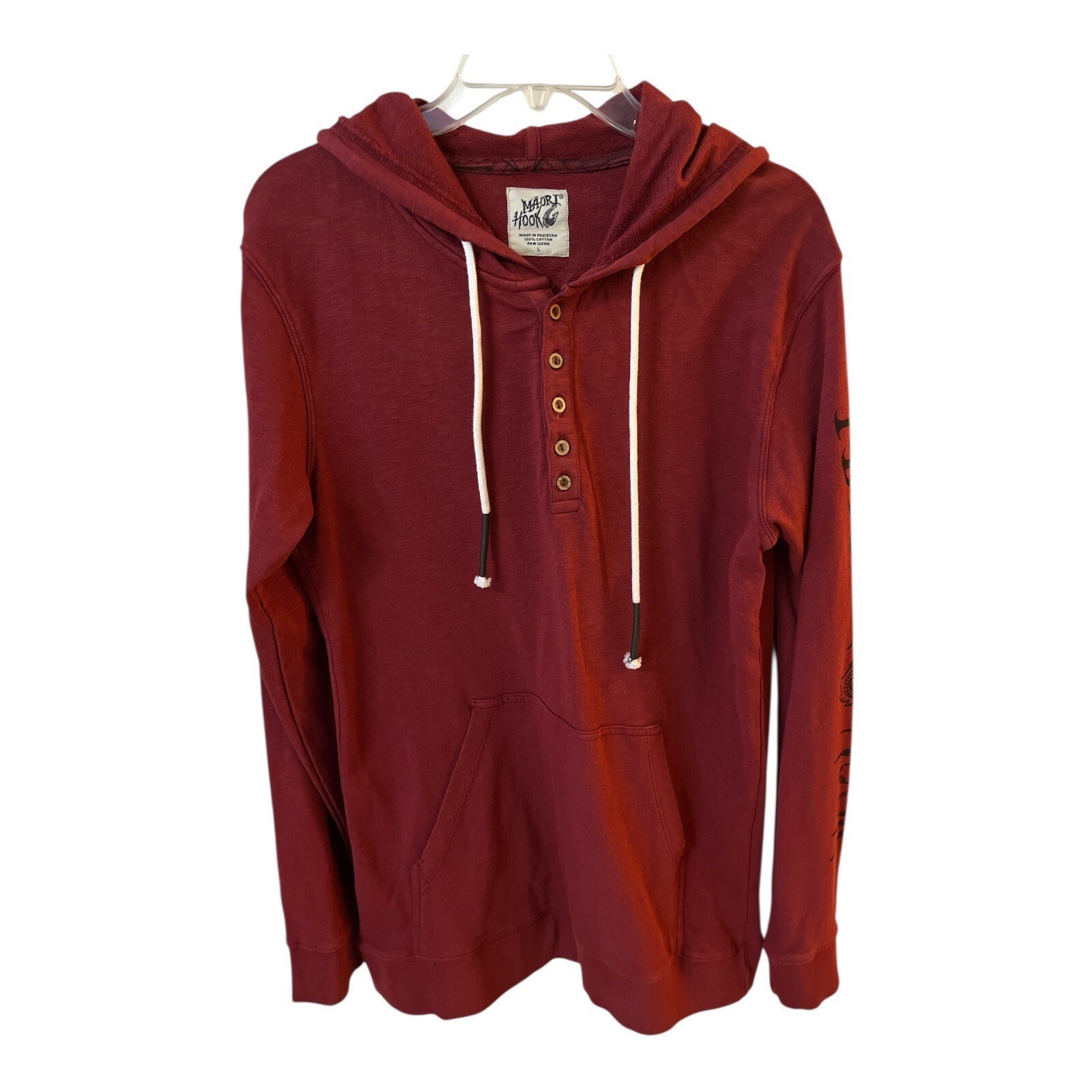 Maori Hook Hoodie – Maroon Long Sleeve Pullover – Tribal Graphic – Size ... - $19.00
