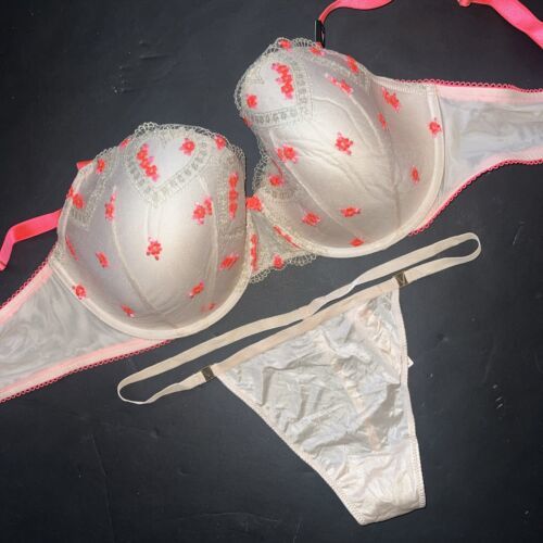 Victoria's Secret 38DD BRA SET M,XL Thong Beige neon ORANGE Gold heart embroider