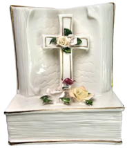 Beautiful Religious Ceramic Music Box w Bible Cross and Flowers 6x5x3.75&quot; Décor - £20.44 GBP