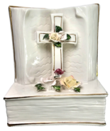 Beautiful Religious Ceramic Music Box w Bible Cross and Flowers 6x5x3.75... - £20.47 GBP
