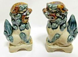 Lot of 2 Chinese Foo Fu Dogs Guardian Lions Ceramic Figurines 4&quot; Tall Blue Brown - £31.59 GBP