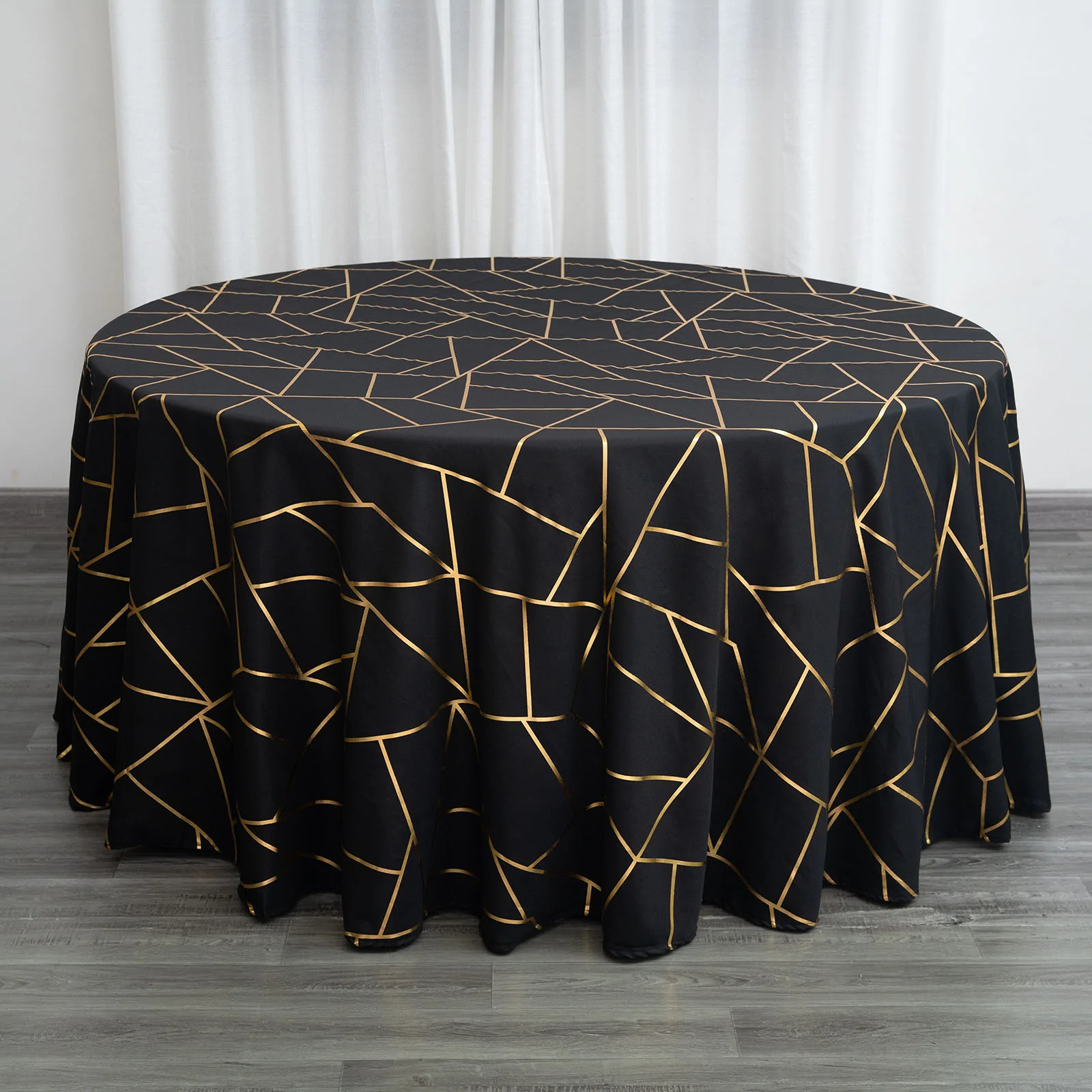 Black - 120&quot; Round Polyester Tablecloth With Gold Foil Geometric Pattern - £39.99 GBP