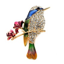Cute Hummingbird Pin 1.75&quot; Gold Blue Green Enamel Brooch Rhinestone Song Bird - £7.93 GBP