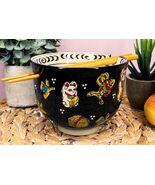 Lucky Cat Japanese Maneki Neko Black Porcelain Ramen Bowl With Chopstick... - $382.11 MXN