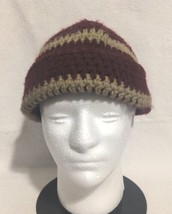 Handcrafted Knitted Beanie Red and Tan - Pre-Owned - Very Good Condition - £7.12 GBP