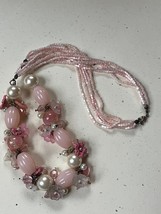 Long Multistrand Tiny Light Pink Bead w Large Faux White Pearl &amp; White &amp; Pink - £11.76 GBP