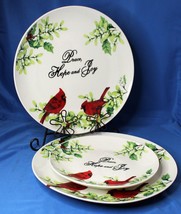 Christmas Plates Peace Hope and Joy Set of 3 Red Cardinals Holly Birds B... - £16.35 GBP
