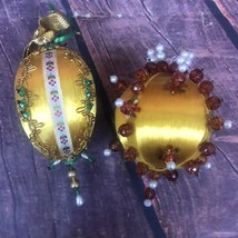 2 Vintage Handmade Push Pin Beaded Silk Satin Christmas Ornaments Gold Green - £11.78 GBP