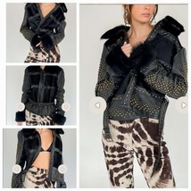 Y2K Vintage Cache Leather Fur Studded Moto Jacket Black Size 6 - $211.76