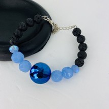 Bracelet Blue Swarovski Crystal Black Lava Rock Sparkle Boho Adjustable - £27.96 GBP