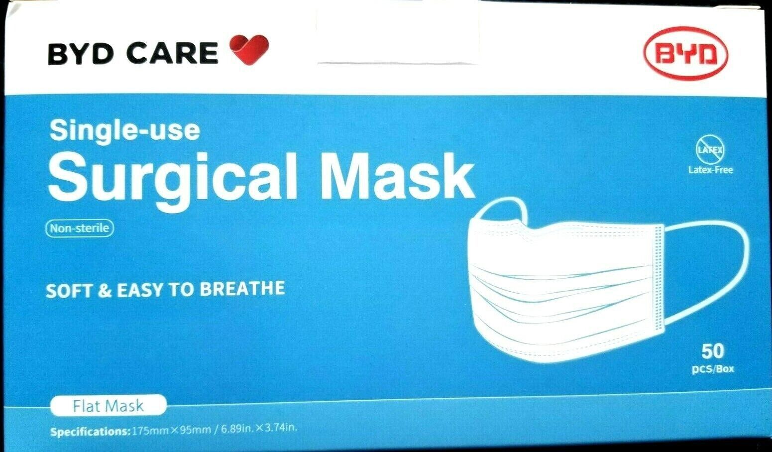 BYD CARE SURGICAL MASK, 50 COUNT, SEALED Packs inside a box - $3.99