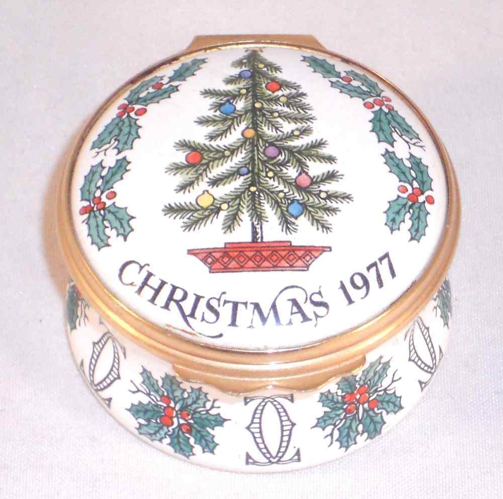 English Round Enameled Box Christmas 1977 Xmas Tree and Holly Marked Cartier - £39.50 GBP