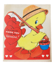 Vintage Die Cut Valentine Card 1950s Anthropomorphic Fishing Duck Unused... - £5.36 GBP