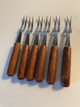 6 Vintage Wood Handle Stainless Steel Cheese Cocktail Appetizer Forks - £11.71 GBP