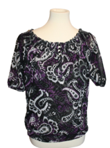 INC Blouse Top Shirt Size Medium M Sheer 1/2 Sleeve Black Purple White Paisley - £10.79 GBP