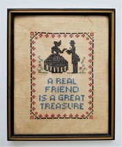 Antique Sampler Cross Stitch Real Friend Great Treasure Silhouette Wood Frame - £71.41 GBP