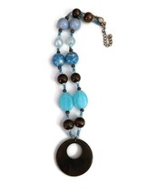 Wooden Texture Disc Pendant Brown Blue Brown Marble Stone Beaded Necklace - £16.06 GBP