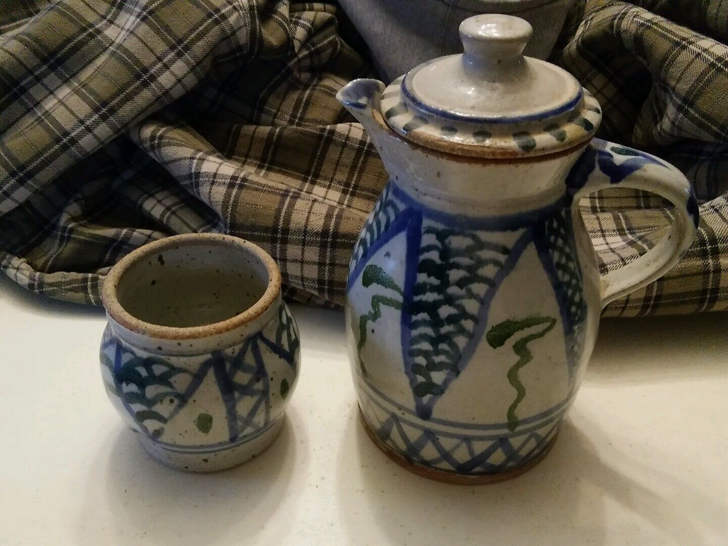 020 Vintage Blue &amp; Green Hand Painted Stoneware Pitcher W/lid &amp; Cup Marked - $99.99