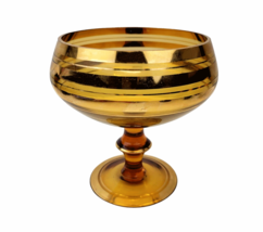 Vintage Footed Glass Compote Bowl Amber &amp;  Gold Overlay Bands Made in Ro... - $19.97