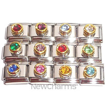 Set of 12 Round Stone Italian Charms Birthstone Inspired Colorful Links MIX161 - £11.74 GBP