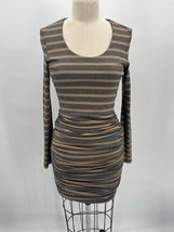 Torn by Ronny Kobo Ruched Bodycon Dress Sz M Gray Tan Striped Long Sleeve - £38.37 GBP
