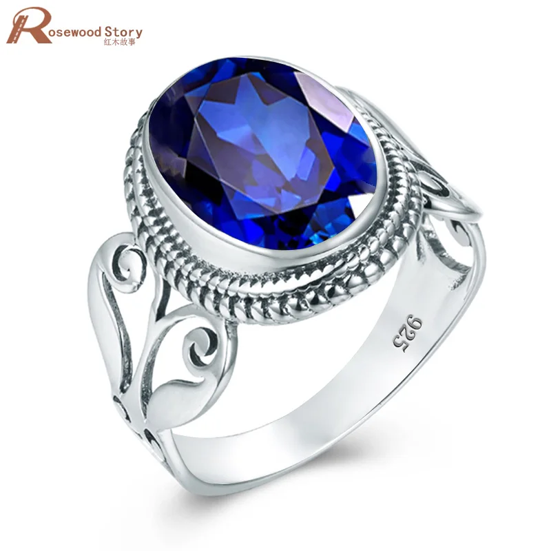 Sapphire Ring 925 Sterling Silver Oval DIY Gemstones Rings For Women Carve Vinta - £41.83 GBP