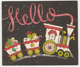 Vintage Christmas Card Colorful Train Black Background Hallmark 1960's - $6.92