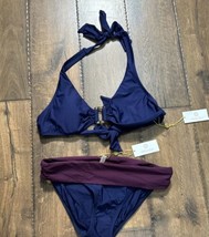 Helen Jon Womens Blue Fold-Over Hipster Bikini Bottoms + Tortoise Halter Top NWT - £35.29 GBP