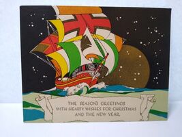 Christmas Greeting Card 1929 Sailing Pirate Ship Boat On Ocean Seas Nigh... - $8.90