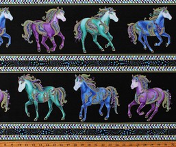 Cotton Horses Animals Metallic Horsen Around Black Fabric Print by Yard D689.81 - £11.14 GBP
