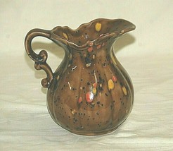 Vintage Ceramic Brown Ribbed Pitcher Orange &amp; Yellow Drip Glaze Home She... - $19.79