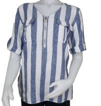 Ellen Tracy Linen Top Womens M Blue Stripe Zip Roll Tab Sleeve Lagenlook... - $339.62 MXN
