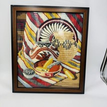 Rare Reinardy Native American Long-Stitch Needlepoint Basket Wall Art Framed - £111.22 GBP