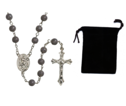 St. Michael Rosary Gray 8mm Faux Mable Beads Black Rosary Pouch Catholic - £10.15 GBP