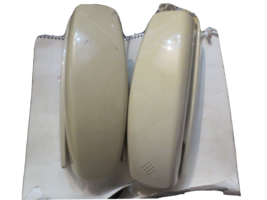 2 Vintage Beige Tan Slimline Telephones Wall Mount 1 Rotary 1 Push Button - $18.69