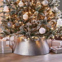 Christmas Tree Collar Skirt Hammered Silver Ring Cover Metal Holiday Home Decor - £31.43 GBP