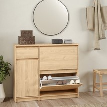 Large Hickory Oak Finish Wooden Shoe Storage Cabinet Unit Tilting Doors Drawers - £236.49 GBP