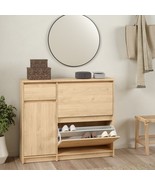 Large Hickory Oak Finish Wooden Shoe Storage Cabinet Unit Tilting Doors ... - £241.48 GBP