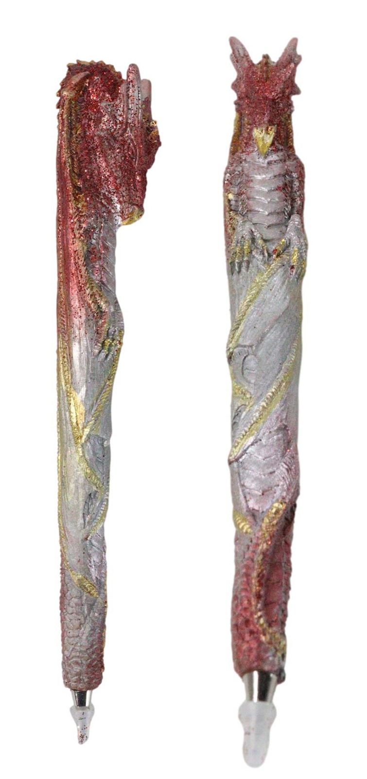Set of 2 Glitter Metallic Red Medieval Fantasy Dragon Figural Ball Point... - $14.99