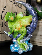 Pastel Green Dream Baby Dragon Wyrmling Sitting On Purple Crescent Moon Figurine - £14.38 GBP