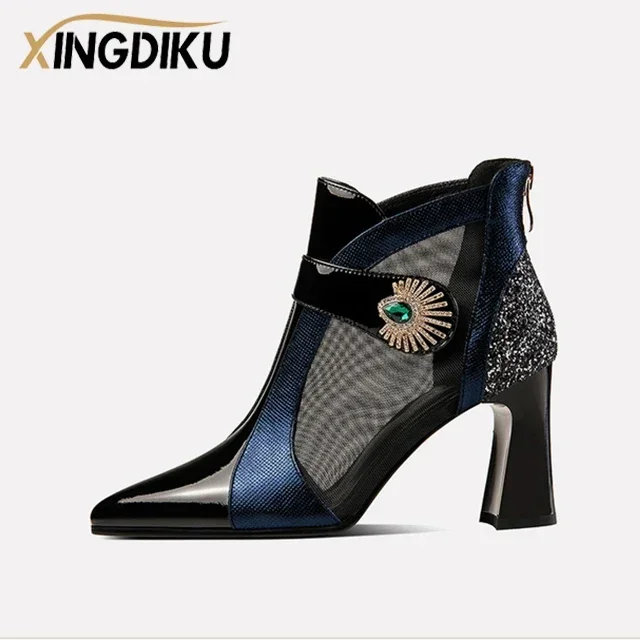 Ndals with rhinestone decoration shaped heels retro british style sandals leather boots thumb200