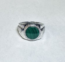 Sterling Silver Round Cab 11mm Genuine Malachite &amp; Diamond Men&#39;s Ring - $2,780.21 MXN