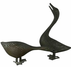 2 Solid Brass Ducks Goose Bird Figurines Sculptures 9&quot; MCM Cottage Farmh... - $45.00
