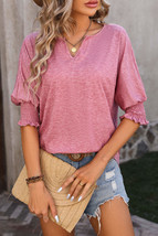 Rose Tan Smocked Puff Sleeve Notched Neck T Shirt - £22.92 GBP