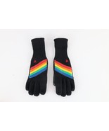 Vintage 70s Streetwear Rainbow Striped Leather Trim Knit Winter Gloves W... - $62.49 CAD