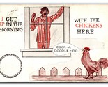 Comic Man Yawning at Rooster I Get Up With The Chickens Here DB Postcard S3 - $4.42