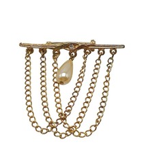 Clear Rhinestone Faux Pearl Multi-Strand Chain Brooch Pin Gold Tone Vintage - $17.81