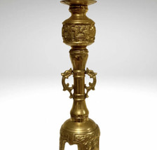 Antique Brass Taotie Mask Pillar Candle Holder Handmade Archaic China 14&quot; - £183.28 GBP