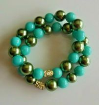 Set of 2 Blue/Green Glass Bead Stretch Bracelets With Gold Tone Spacer - $16.82