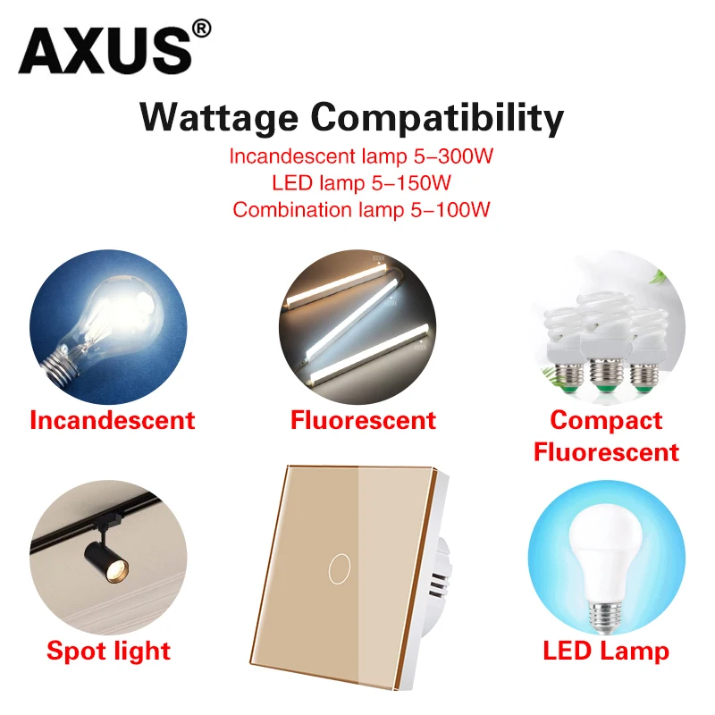 House Home AXUS EU Touch Switch AC100-240V Led backlight Panel Tempered Crystal  - £19.77 GBP